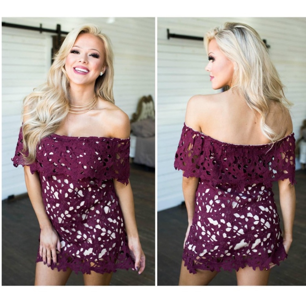 Floral Crochet Off the Shoulder Dress - Burgundy